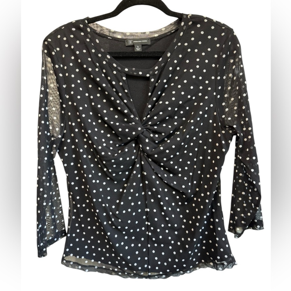 INC International Concepts Black White Polka Dot Blouse open Vneck long sleeves